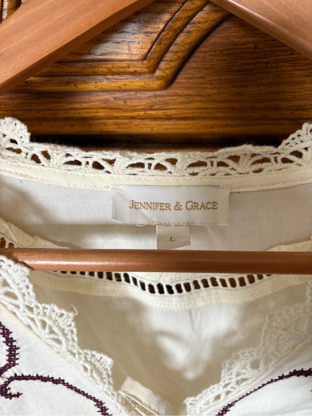 100% cotton Embroidered Cream tie front Top with Lace Trim - Picture 3 of 6